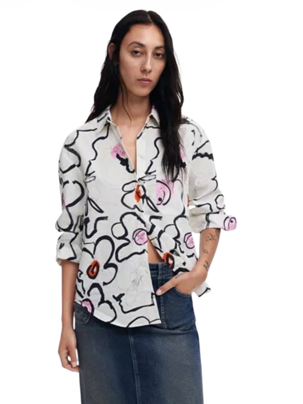 Desigual Small Long Sleeve Light Floral Cotton Button Down Shirt
